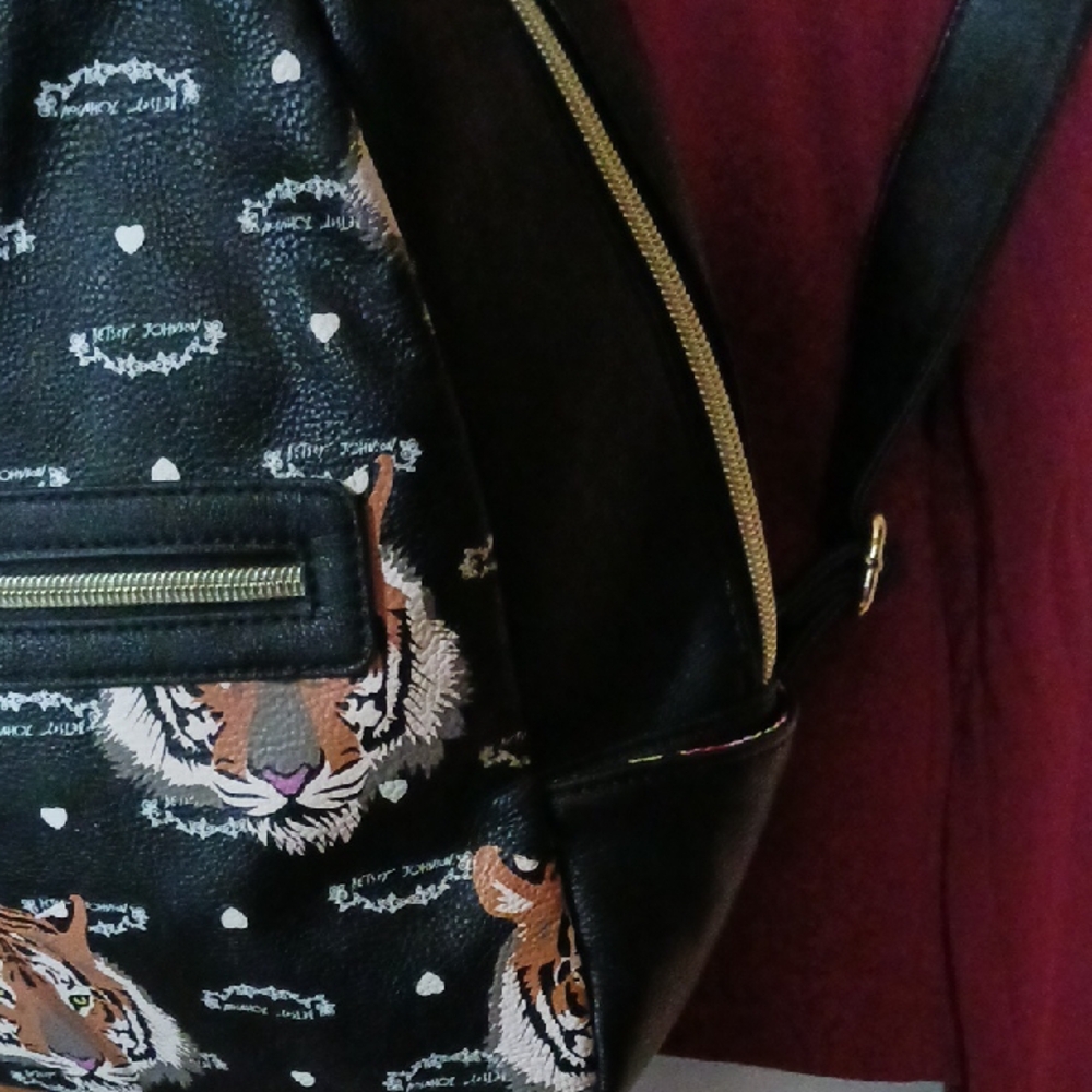 Betsey Johnson Black Tiger Print Faux Leather Backpack with Pom Pom - Picture 7 of 9